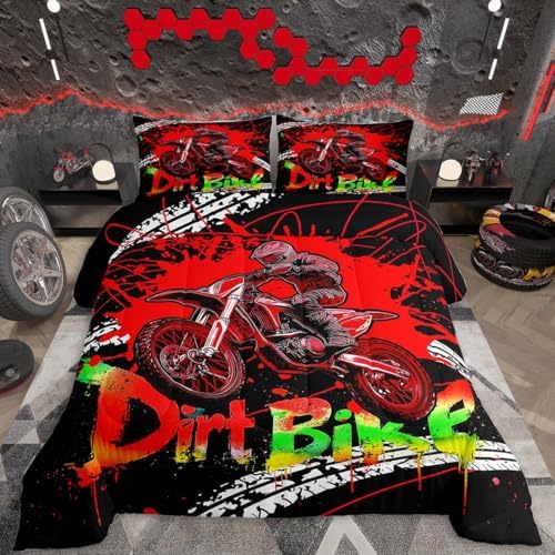 Feelyou Racing Motocross Rider Kids Bedding Set,Boys Girls King Size,Dirt Bike Comforter Set,Extreme Sports Ultra Soft Duvet Quilt,Tire Print Comforter Motorbike Bedroom Decor