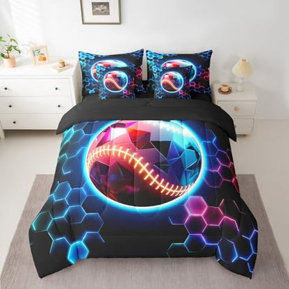 Erosebridal Baseball Full Bedding Set - 3D Glitter Ball Pattern Bed in A Bag,Colorful Neon Honeycomb Comforter Sets with Sheets, Geometric Hexagon 7 Pieces Bed Set Bedroom Decor