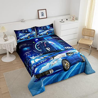 Feelyou Boys Extreme Sports Bedding Set - Race Car Down Duvet Comforter and 2 Pillowcases in Blue for Kids - Queen Size