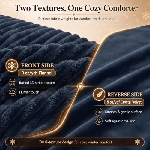 CozyLux Fleece Full Size Comforter Sets, 3 Piece Warm Navy Blue Bedding