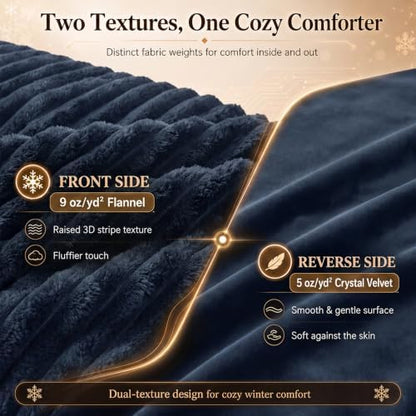 CozyLux Fleece Full Size Comforter Sets, 3 Piece Warm Navy Blue Bedding