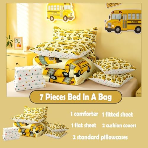 Feelyou Yellow School Bus Comforter Set Twin Size 7 Pcs Bedding Set Kids