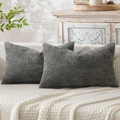 MIULEE Decorative Lumbar Throw Pillow Covers 12x20 Inch Dark Gray 2 Pack