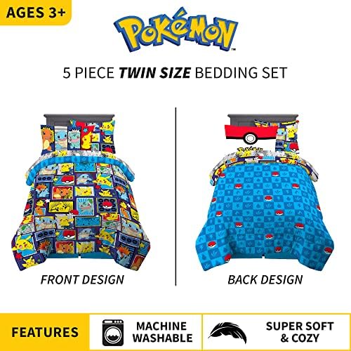 Franco Pokémon Pikachu Twin Size Bedding, Kids Bedding Super Soft Cozy Reversible Comforter and Sheet Set with Sham, 5 Piece Twin Size, (Officially Licensed Product)