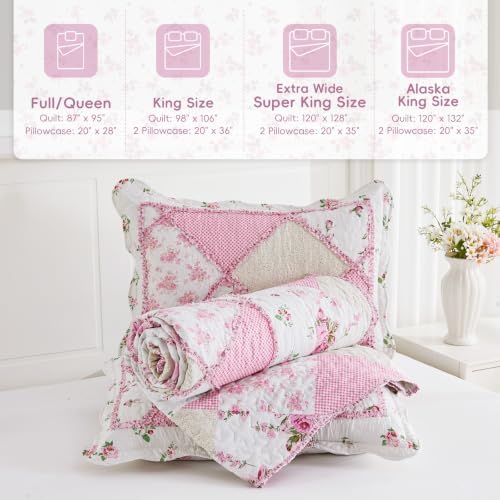 Alaskan King Quilt Set Pink Floral Patchwork Oversized King Bedspreads Set