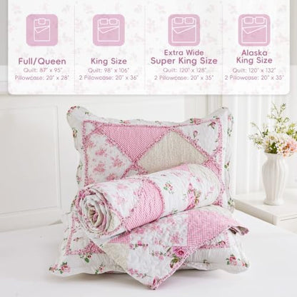 Alaskan King Quilt Set Pink Floral Patchwork Oversized King Bedspreads Set