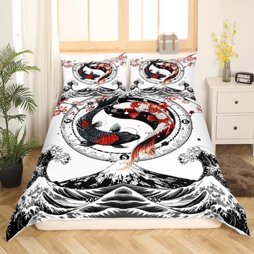 Feelyou Koi Fish Duvet Cover Full Size Kids Cherry Blossoms Bedding Set Japanese Ukiyoe Theme Comforter Cover for Boys Girls Teens(No Comforter)