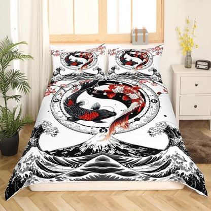 Feelyou Koi Fish Duvet Cover Full Size Kids Cherry Blossoms Bedding Set Japanese Ukiyoe Theme Comforter Cover for Boys Girls Teens(No Comforter)