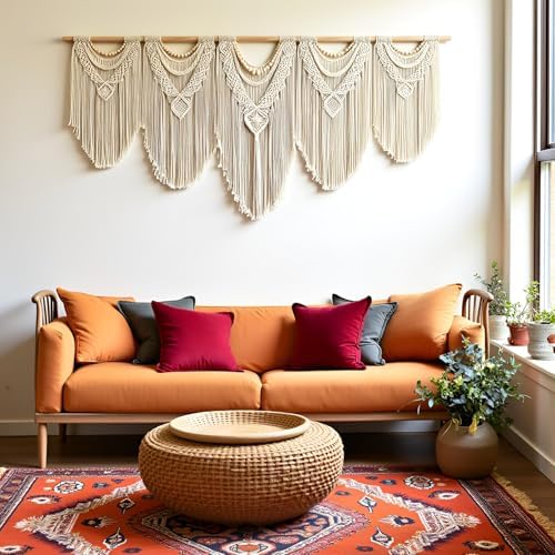 Extral Large macrame wall hanging, 71'' W x 32'' L boho wall art tapestry wall decor for urban entryway,living room,bedroom decor, headboard woven wall art, big fiber art over couch art for Yarn hallway