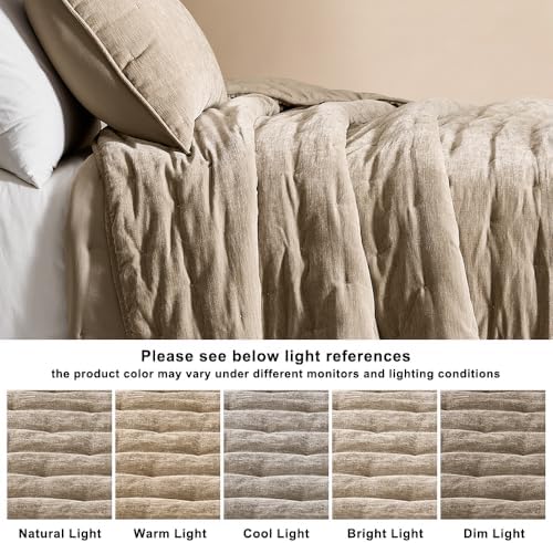 WDCOZY Cloud Soft Queen Size Quilt Set, Beige Tan Taupe Chenille Velvet