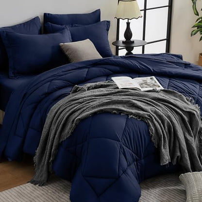 HEVUMYI 7-Piece King Comforter Set, Navy Bed in a Bag