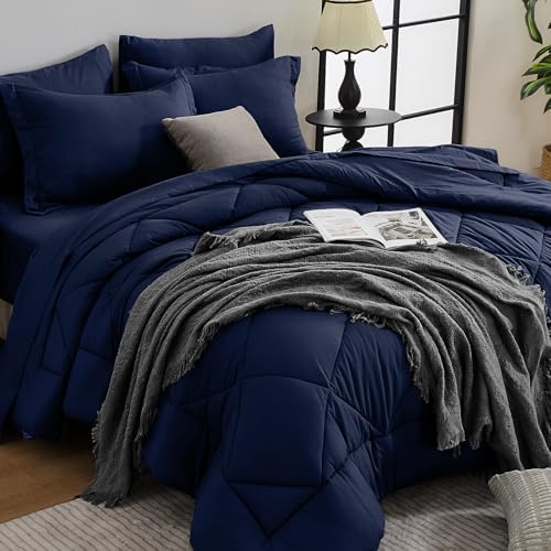 HEVUMYI 7-Piece Queen Comforter Set, Navy Bed in a Bag