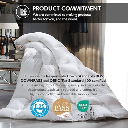 Luxurious Queen Size Goose Down Fiber Waterfowl Feather Fiber Comforter Duvet, 48 oz. Fill Weight, Baffle Box Design, White Solid