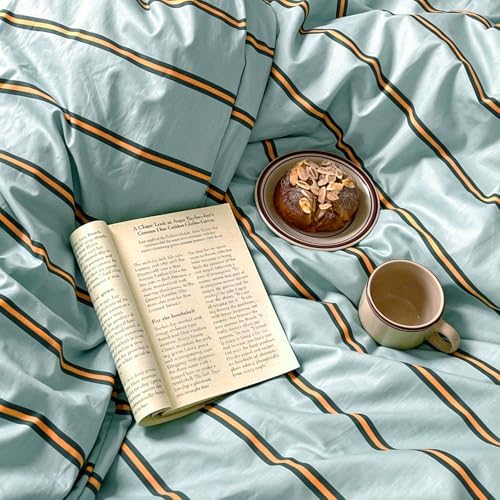 mixinni Retro Mint Blue Striped Duvet Cover Set - 100% Natural Cotton 3-Piece Vintage Stripes Pattern Printed Bedding Set, Soft Breathable Comforter Cover with Zipper & Ties, Twin XL Size
