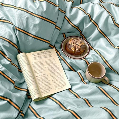mixinni Retro Mint Blue Striped Duvet Cover Set - 100% Natural Cotton 3-Piece Vintage Stripes Pattern Printed Bedding Set, Soft Breathable Comforter Cover with Zipper & Ties, Twin XL Size
