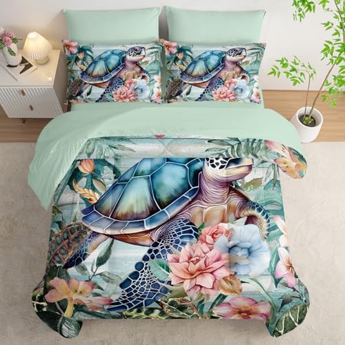 Nttopship Spring Sea Turtle Comforter Set 7 Pcs Bedding Set Full Size,Spring Sea Turtle Theme Bedding Set 7 Piece in A Bag,Wooden Floral Tropical Plants Printed Quilts Set Lightweight Soft
