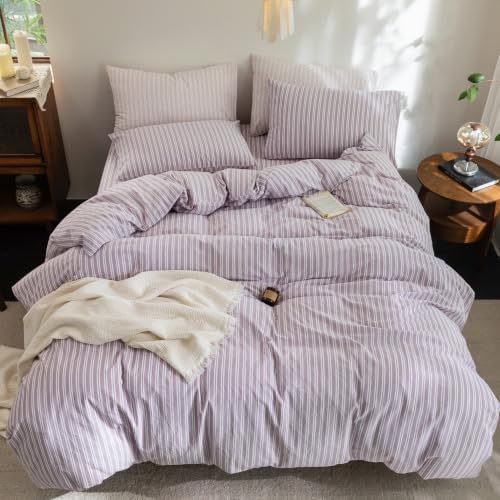 FOSSA Striped Duvet Cover Set 100% Washed Cotton Linen Feel Queen