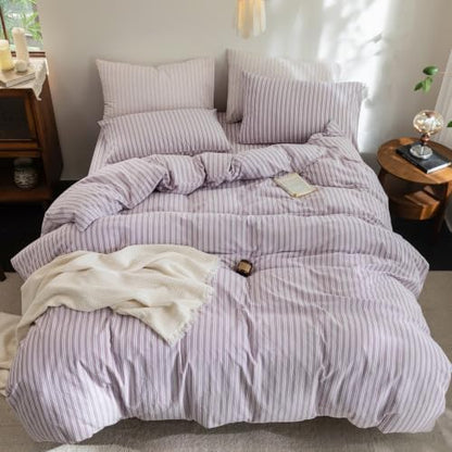 FOSSA Striped Duvet Cover Set 100% Washed Cotton Linen Feel Queen