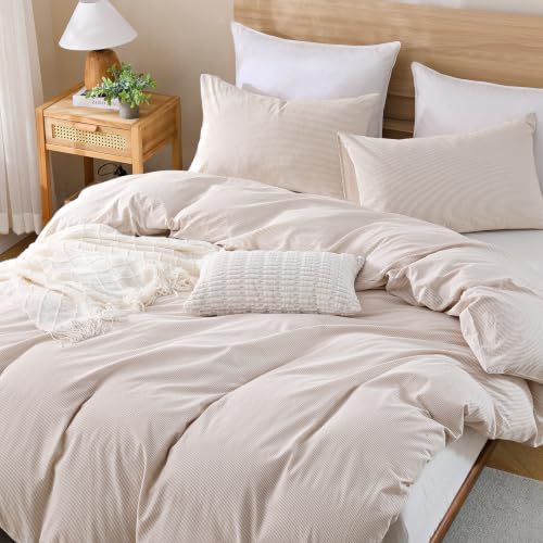 TOCOMOA Brown Striped Duvet Cover Set 100% Washed Cotton Like Linen, Queen