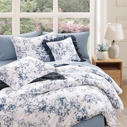 BLOOMHAVEN Oversized Queen Comforter Set-7 Pieces Blue Floral Bed in a Bag