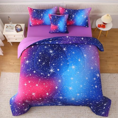 JQinHome Full Ombre Pink Purple Comforter Set, 6 Piece Bed in A Bag 3D Colorful Bedding Sets for Teen Girls (1 Comforter,2 Pillowcases,1 Flat Sheet,1 Fitted Sheet,1 Cushion Cover)(Star Purple)