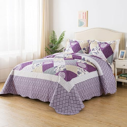 HoneiLife King Size Quilt Sets - 3 Pieces Microfiber Quilt Set Lightweight Bedspreads Reversible Coverlets Rustic Bed Cover King Quilt Bedding Set All Season Quilts-Beige & Purple