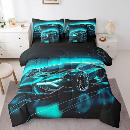 Feelyou Kids Sports Car Bed in a Bag Full Size Race Car Comforter Set with Sheets for Kids Teens Boys Girls Extreme Sports Theme 7 Piece Bedding Set Speed Luxury Car Bed Set