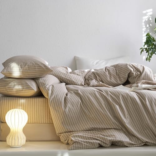 MooMee Striped Duvet Cover Set 100% Washed Cotton Linen Like Alaska King