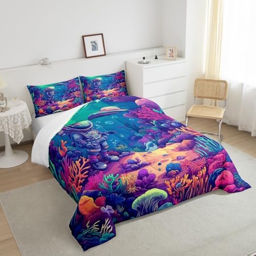 Homewish Colorful Coral Comforter Set Full Size,Cartoon Diver Bedding Set 3Pcs for Kids Girls Boys Teens Bedroom Decor,Underwater World Quilt Set Ocean Adventure Duvet Insert,2 Pillowcases