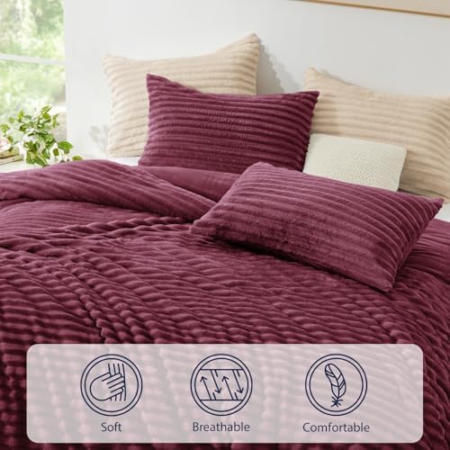 EXQ Home Fluffy Comforter Set Full Size,3 Pieces Bed Set,Burgundy