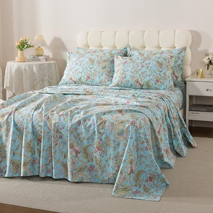 FADFAY Full Sheet Set 4 Piece 100% Egyptian Cotton Bed Sheets Deep Pocket, Soft Breathable Vintage Blue French Country Bedding Shabby Cottagecore Floral Bedding Luxury Hotel Quality for All Seasons