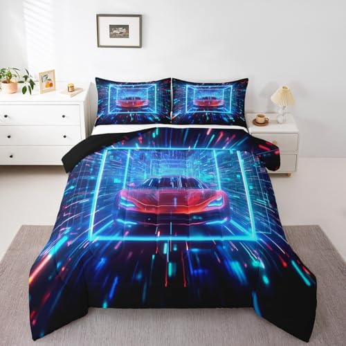 Erosebridal Boys Sports Car Full Comforter Set for Kids Racing Car Bedding Set Sports Race Car Down Comforter Colorful Cool Neon Quilt Lightning Duvet Insert 3Pcs Bedding Room Decor
