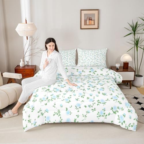 jejeloiu Blue Rose Flower Comforter Set All Season Cute Floral Bedding Set with 1 Pillow Cases Botanical Microfiber Kids Toddler Bedclothes Blossom Flowers Pattern Bedroom Decor Duvet Quilt Soft