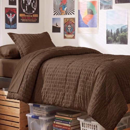 CozyLux Twin XL Comforter Set, 5 Pieces Brown Seersucker Bed in a Bag