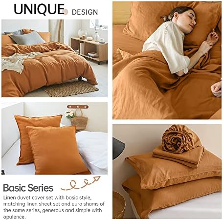 Simple&Opulence 100% Linen Duvet Cover Set 3pcs Basic Style Natural French Washed Flax Solid Color Soft Breathable Farmhouse Bedding with Button Closure - Rust, King