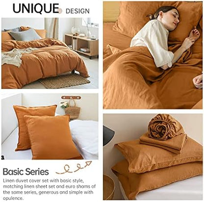 Simple&Opulence 100% Linen Duvet Cover Set 3pcs Basic Style Natural French Washed Flax Solid Color Soft Breathable Farmhouse Bedding with Button Closure - Rust, King