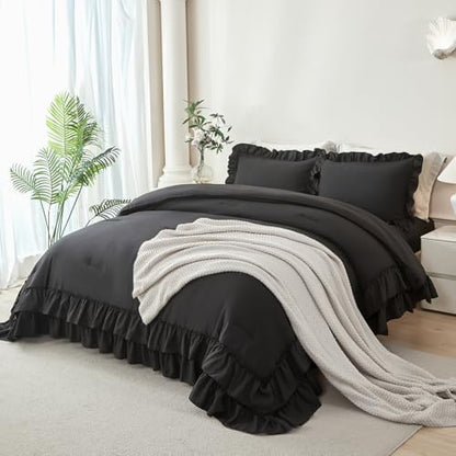 ANGIYUIN 5Pcs Black King Size Bed in A Bag Double Ruffled Comforter Sets Lightweight Shabby Chic Bedding Sets Soft Fluffy Bedding Comforter Set with Sheets for Women Men(Black King)
