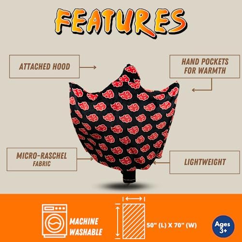 Franco Naruto Anime Akatsuki Cloud Bedding Super Soft and Cozy Wearable Hooded Throw Blanket, 70 in x 50 in (Official Licensed Product) Collectibles (Pack of 6)