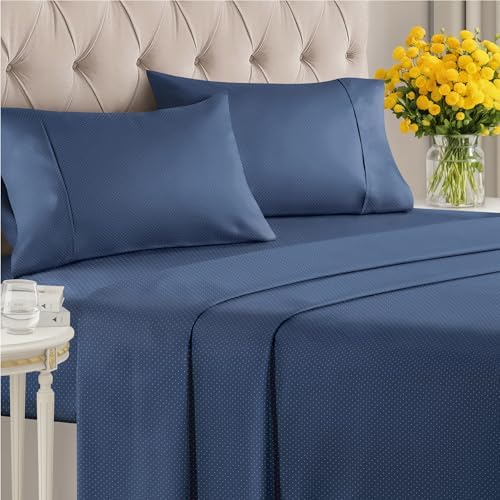 King 4 Piece Striped Sheet Set - Breathable & Cooling - Navy Microdots
