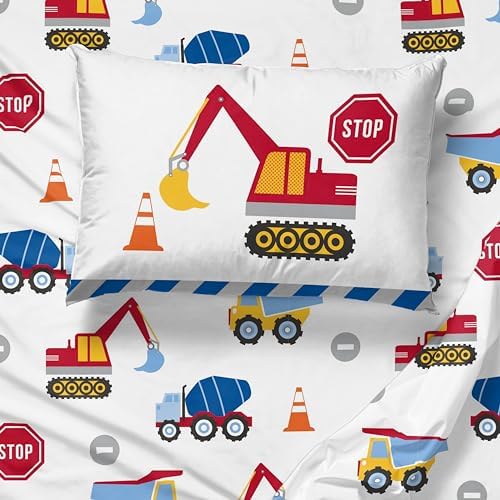 Sunny Side Up Construction Zone Twin Sheet Set - 3 Piece Kids Bedding Set Includes Pillow Cover - Super Soft Trucks Microfiber Sheets