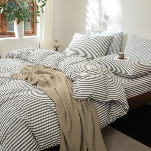 FOSSA Striped Duvet Cover Set 100% Washed Cotton Linen Feel Full
