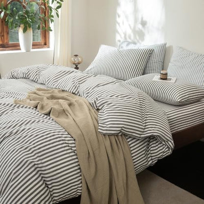 FOSSA Striped Duvet Cover Set 100% Washed Cotton Linen Feel Full