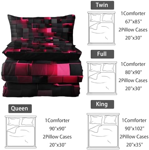 Nttopship Neon Pink Black Comforter Set Queen Geometric Kids Bedding Set,3 PCS Geometry Honeycomb Bed Set Modern Quilt Set 1 Comforter 2 Pillow Cases Cool Room Decor All Season B-Side Black