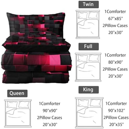 Nttopship Neon Pink Black Comforter Set Queen Geometric Kids Bedding Set,3 PCS Geometry Honeycomb Bed Set Modern Quilt Set 1 Comforter 2 Pillow Cases Cool Room Decor All Season B-Side Black