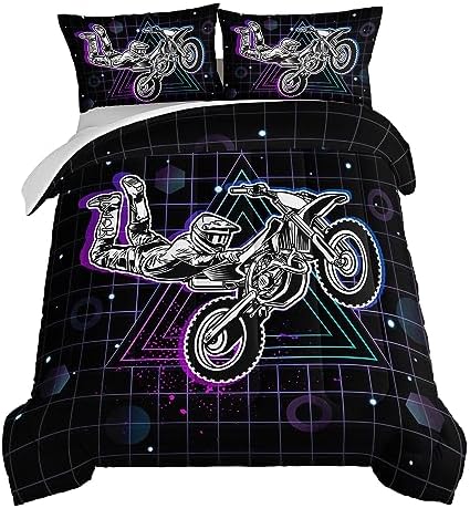 HOSIMA Motorcycle Racer Comforter Extreme Sports Theme Bedding Set for Kids Teens Men, Queen Size, Purple Line Grid Black Comforter with 2 Pillowcases