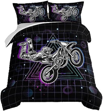 HOSIMA Motorcycle Racer Comforter Extreme Sports Theme Bedding Set for Kids Teens Men, Queen Size, Purple Line Grid Black Comforter with 2 Pillowcases