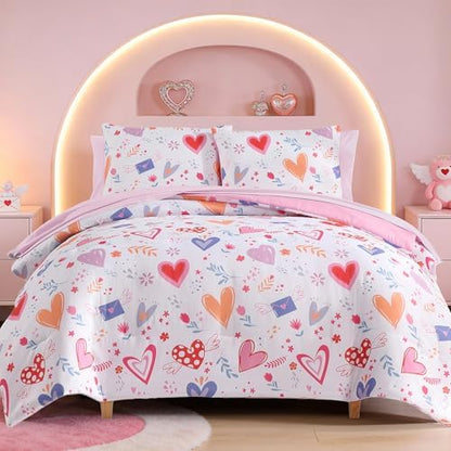 Girls Twin Bedding Set - 5 Pieces Heart Pattern Twin Comforter Set for Kids