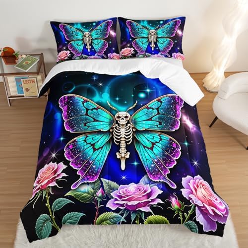 Butterfly Bedding Rustic Flower Comforter Set for Kids Girls Bedroom Decor, Gothic Skull Comforter Set Queen Size, Aesthetic Animal Theme Bedding Soft Lightweight with 2 Pillowcases
