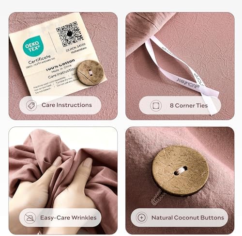 JELLYMONI 100% Washed Cotton Darker Rose Duvet Cover Twin, Linen-Like