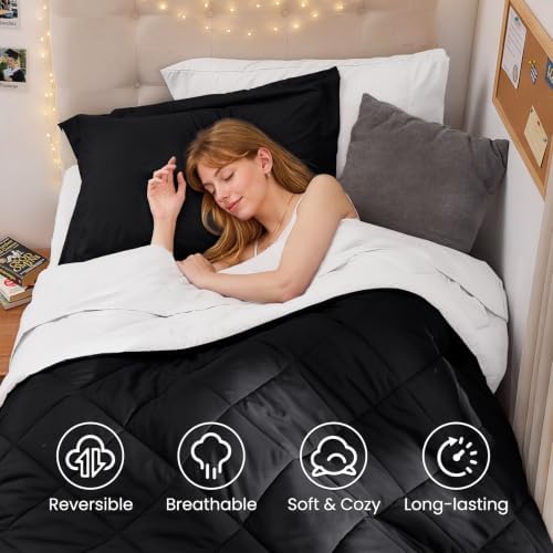 MUXHOMO 5 Pieces Twin XL Comforter Set, Reversible Bed in a Bag Twin XL Size, All Season Bedding Set with Comforter, Flat Sheet, Fitted Sheet, Pillowcases & Shams, Black & White